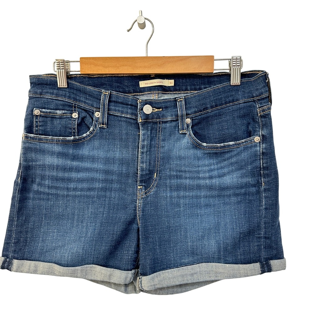 Levis mid length cuffed denim shorts 31 dark wash whiskering stretch rolled cuff